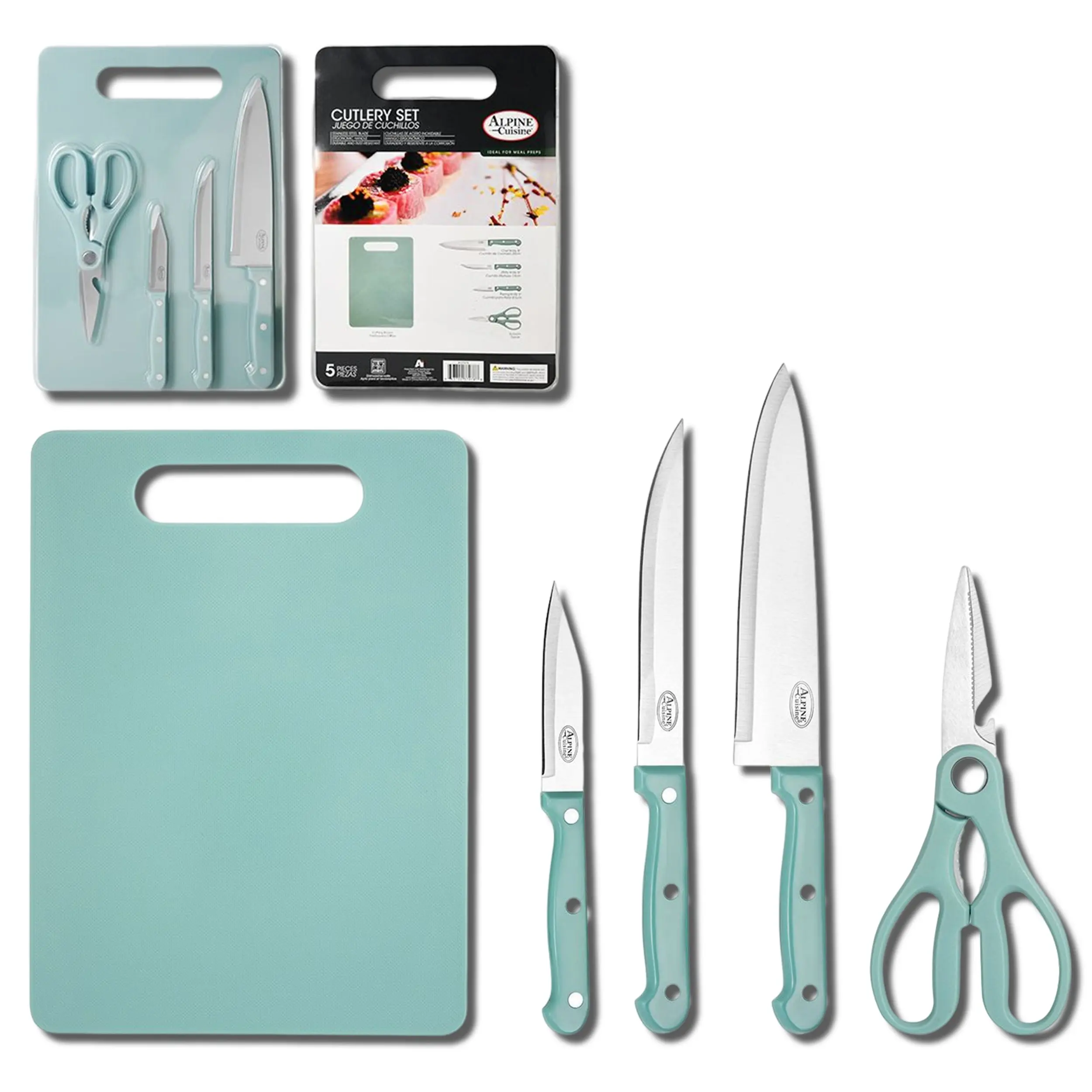 Alpine Cuisine Stainless Steel Cutlery Set 5 Piece with Green POM Handle - Kitchen Chef Knife Set, Utility Knife, Paring Knife, Scissors, Cutting Board Rust & Stain Resistant - Dishwasher Safe