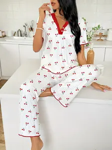 Women's Pajama Set, Short Sleeve Lace V-Neck, Heart Print, Cherry, Slim-Fitting, Elegant Sleepwear, Home Wear, Loungewear, All Seasons