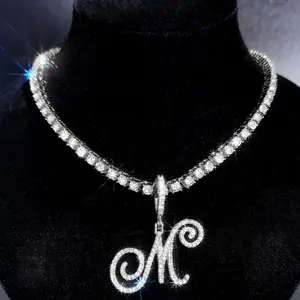 Iced Out Bling Zircon Cursive Letters Tennis Chain Necklace For Women Men Punk Hiphop 26 Initials Pendant Necklace Gifts Jewelry