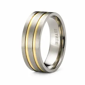 The Old Fashion Satin-Finished Titanium Wedding Ring with Two Gold Plated Bands | 8mm