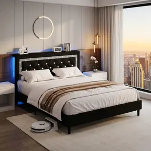 Upholstered Bed Frame with App Control LED Lights, Diamond Tufted Headboard with Storage Shelf, Wooden Slat Support No Box Spring Needed, Easy Assembly Bedroom Furniture, Available in Twin Full Queen King Size, Multiple Colors  Blacwith USB velvet