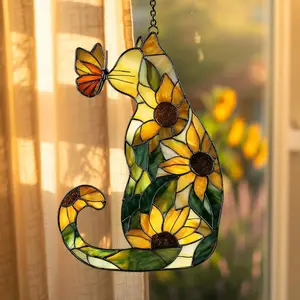 Sunflower Cat Faux Window Hanging, Sunflower Cat Acrylic Suncatcher, Floral Cat Window Decor, Cat Lover Gift For Women And Girls, Bright Summer Home Decoration, Birthday Or Mother’s Day Gift For Cat Mom