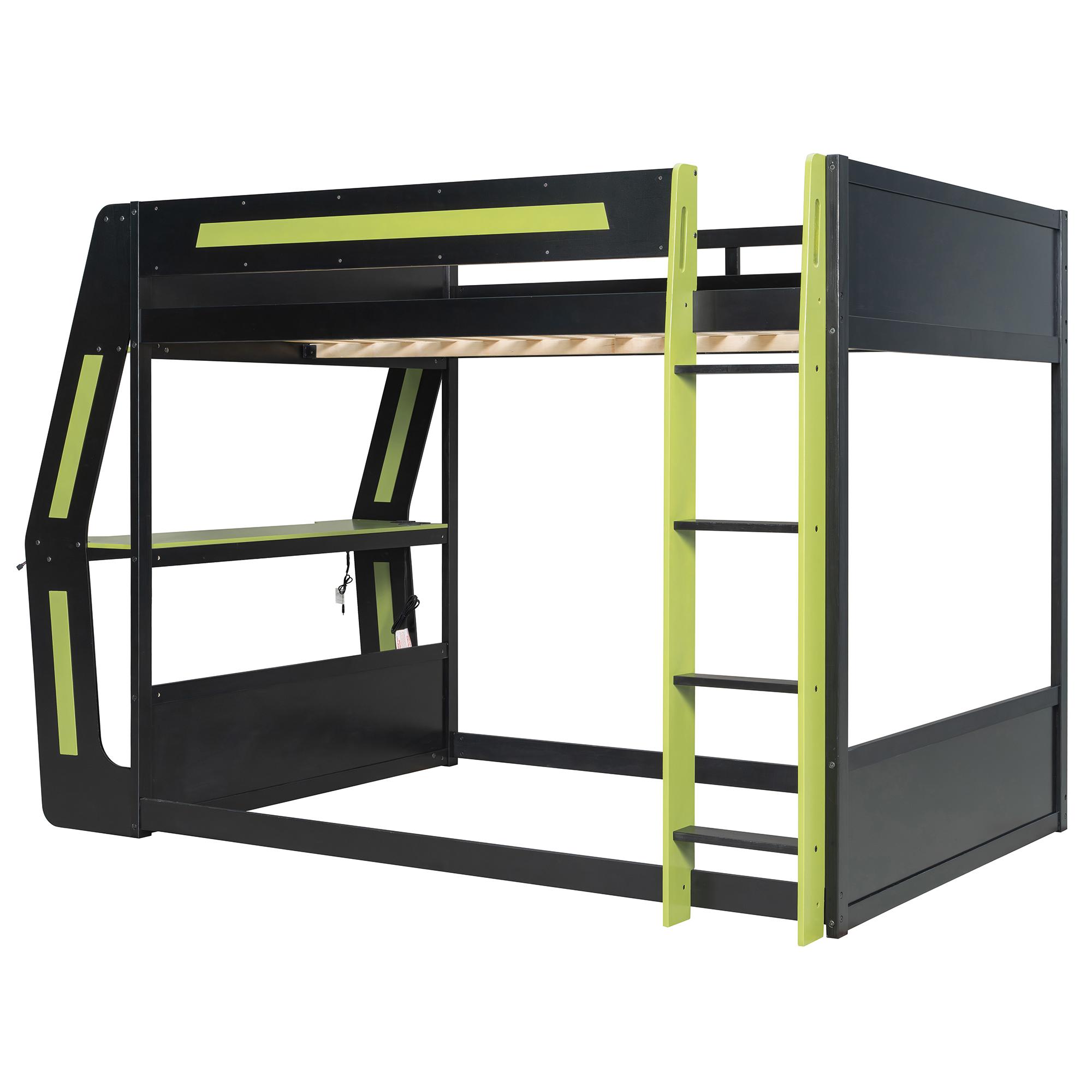 Full Size Gaming Bunk Bed Frame with Side-Mounted Oversized RGB Desk, Wood Bunk Bed Frame with USB Charging Ports & Cable Grommet, Heavy-Duty Esports Gaming Loft Frame (Green, Full)