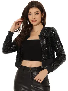 INSPIRE CHIC Sparkly Glitter Jackets Zipper Front Crop Bomber Sequin Jacket