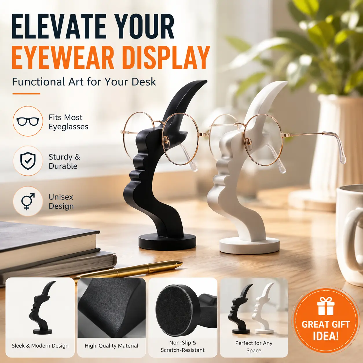 Abstract Face Eyeglass Holder Stand for Desk, Modern Glasses Display Stand, 3D Printed PLA Eyewear Organizer, Sunglasses Holder for Nightstand, Office Desk, Entryway Table, Bedroom Decor, Fits Reading Glasses & Sunglasses