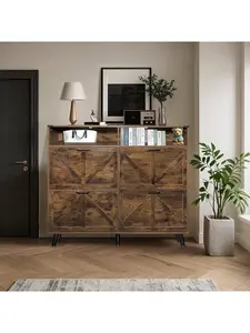 Gaomon Natural Oak Wood Farmhouse Organizer - 4 Flip Drawers, Open Storage, Freestanding Narrow Wall Unit for Entryway, Hallway with Adjustable Decor
