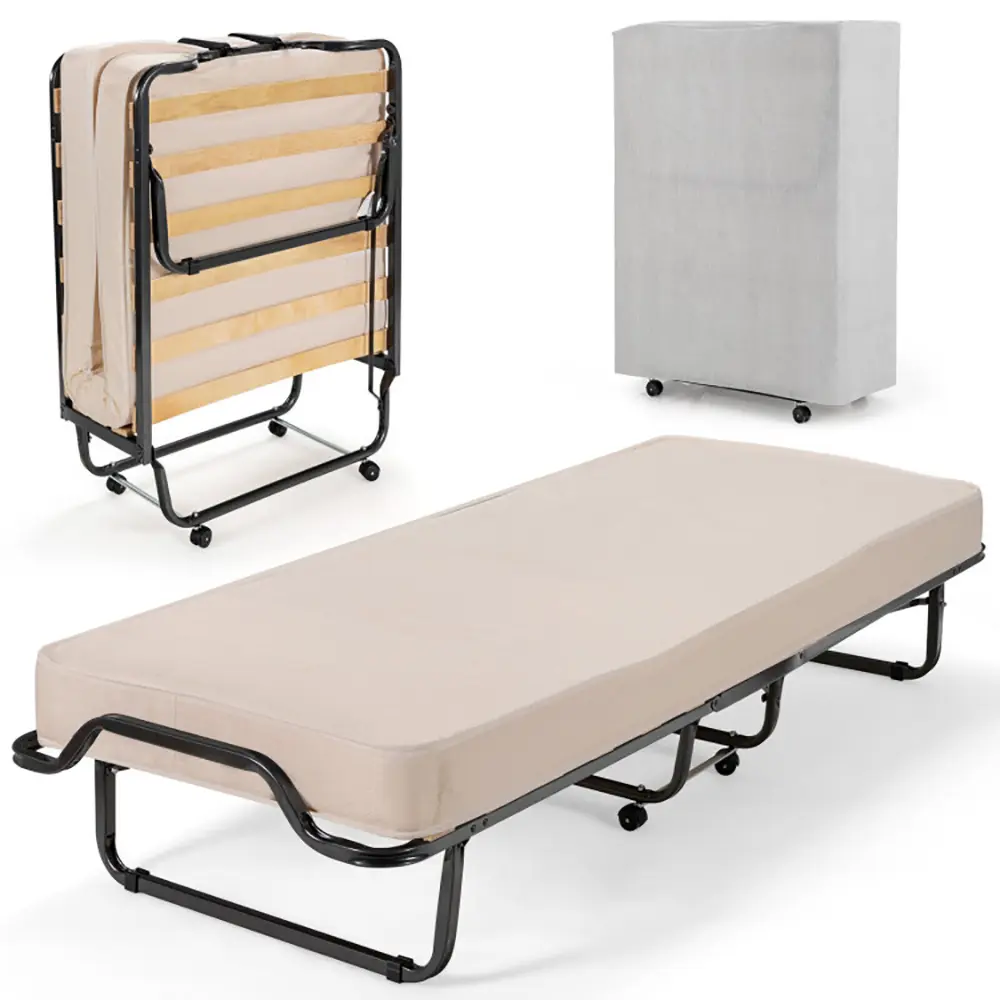Folding Bed with 4 Inch Mattress for Adults, Cot Size Rollaway Guest Bed w/Memory Foam Mattress & Solid Wood Slats, Portable Foldable Bed with Lockable Wheels for Office Room Living Room