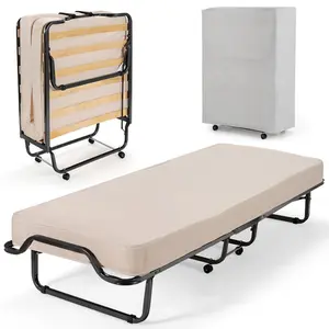 Folding Bed with 4 Inch Mattress for Adults, Cot Size Rollaway Guest Bed w/Memory Foam Mattress & Solid Wood Slats, Portable Foldable Bed with Lockable Wheels for Office Room Living Room