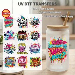12 Pcs UV DTF Cup Wraps Bundle for 16oz Libbey Glass, Watercolor Floral Designs, Inspirational Religious Quotes Waterproof Stickers for DIY Gifts