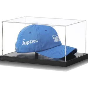 Hat Display Case, Clear Acrylic Baseball Cap Display Box Stand, UV Protection Signed Hat Transparent Showcase with Wood Base Risers & Hat Shaper, Gift for Caps Collector, Black