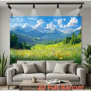 1PC Polyester 2D Flat Custom Backdrop - Pastoral Mountain Flower Sea Nature Landscape Tapestry, Birthday Decor, Living Room Wall Hanging