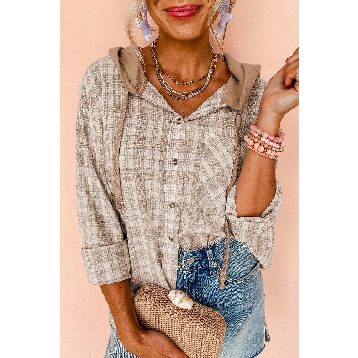 Khaki Checkered Print Loose Fit Buttoned Hooded Shacket