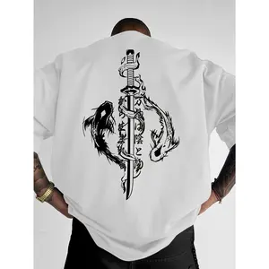 Men'S Samurai Dragon And Sword Pattern T-Shirt - Street Style Summer Short Sleeve, Breathable Round Neck Casual Top, Featuring Asian Style Heat Transfer Prints, Machine Washable Shirt, Perfect for Casual Wear
