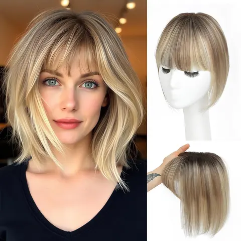 SARO-UP Women's 10 in Natural Straight Anti-Thinning Human Hair Topper with Bangs, Upgrade Swiss Base Clip-In Pieces for Female Thinning Hair Needs - Blonde, Brown Options