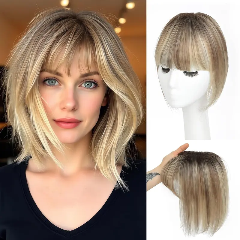 SARO-UP Women's 10 in Natural Straight Anti-Thinning Human Hair Topper with Bangs, Upgrade Swiss Base Clip-In Pieces for Female Thinning Hair Needs - Blonde, Brown Options