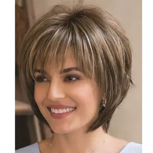 Short Hair Wigs with Bangs Dark Brown Mixed Blonde Pixie Cut Wig for Women Straight Synthetic Fiber Wigs