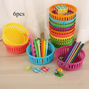 6pcs Colorful Round Pencil Baskets - 6.1" X 2.4" Plastic Storage Containers For Crayons & Pencils, Ideal For Classroom Organization And Office Desk Drawer