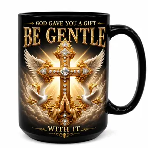 Christian Inspirational Glossy Black Ceramic Mug - 11oz/15oz Classic Geometric Stripes Cross Design Washable Drinkware (500-1000ml), Faith Gift for Women, Church Friends