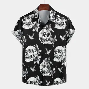TIXMIE Menswear Short-Sleeve Button-Down Shirt, Men's Black Cotton Floral Skull Hummingbird Hawaiian Top for Tropical Holiday & Halloween