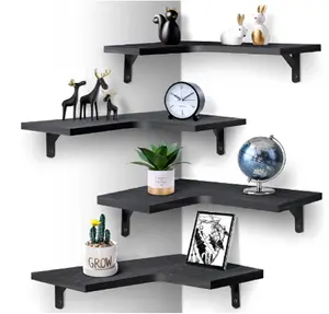Floating Corner Shelves for Wall Décor Storage Set of 4 (Black)