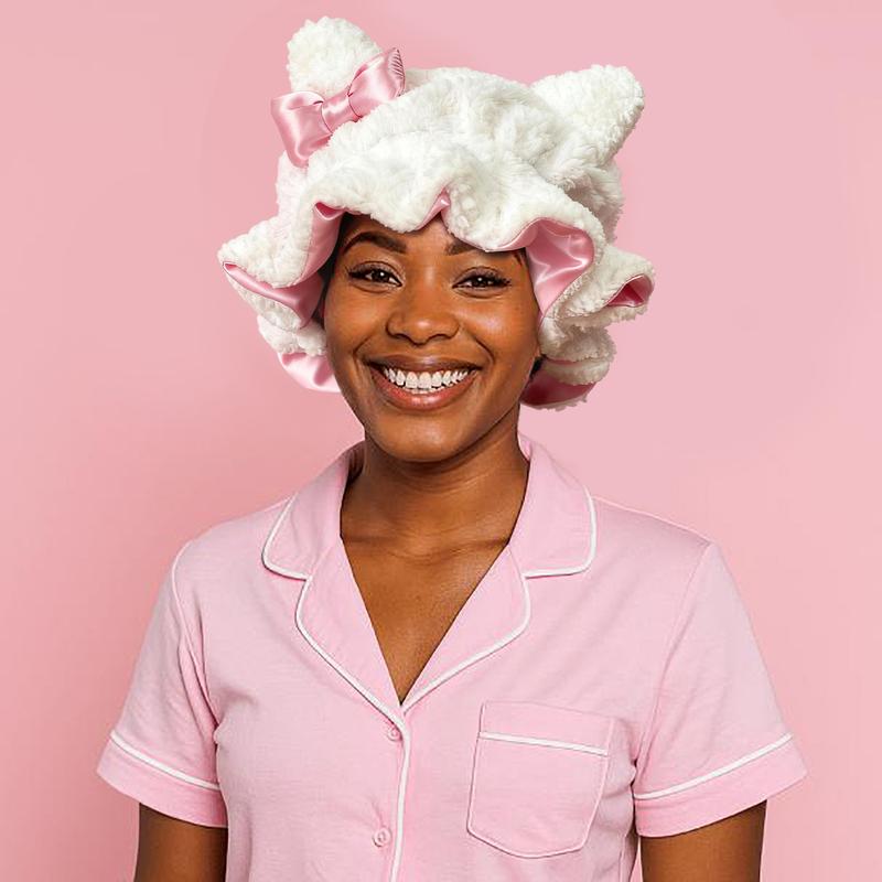 Worm Winter Luxurious White Teddy Bear Hat with Satin Adjustable 3D Texture Plush for Women Hair Care Sleep Bonnet Holiday Party Stylish Cute