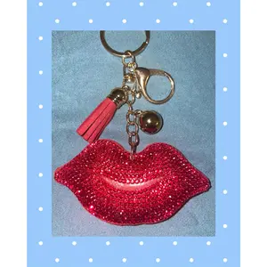 Bling Rhinestone red lips Puffy Tassel Keychain Purse Charm