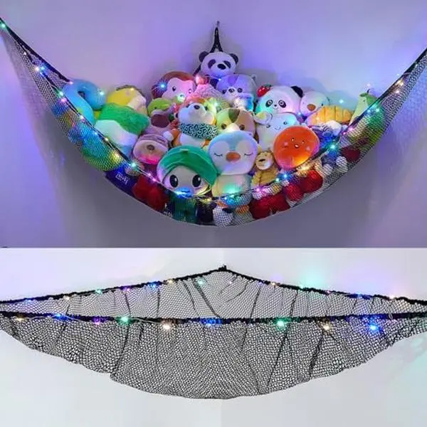 Stuffed Animals Hammock with LED Light Toy Net Room Decor Corner Storage | Plushies organizer, corner space saver, kids room decor, LED lights included, large capacity for plush toys, easy hanging