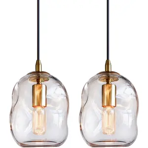 Pendant Lights Kitchen Island 2 Pack Modern Contemporary Clear Glass Organic Globe Brass Gold Hanging Light Adjustable Cord Bedroom Dining Table Small Medium Lamp 8 Inch