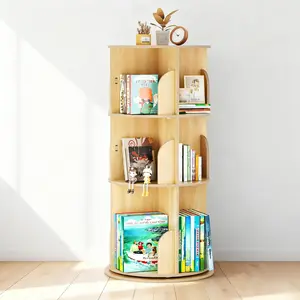 3/4-Tier Basswood Rotating Bookshelf Tower - 360° Spinning Display, Round Footprint, Tall Bottom Shelf, Space-Saving for Kids' Room & Living Room