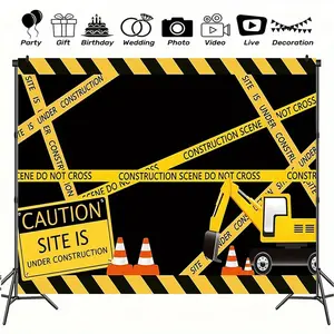 1pc 2D Flat Construction Theme Party Backdrop - Durable Polyester Fabric with Caution Tape & Crane Design, Perfect for Birthday, Wedding, or Holiday Decorations, Indoor/Outdoor Use, No Power Nee Banners White