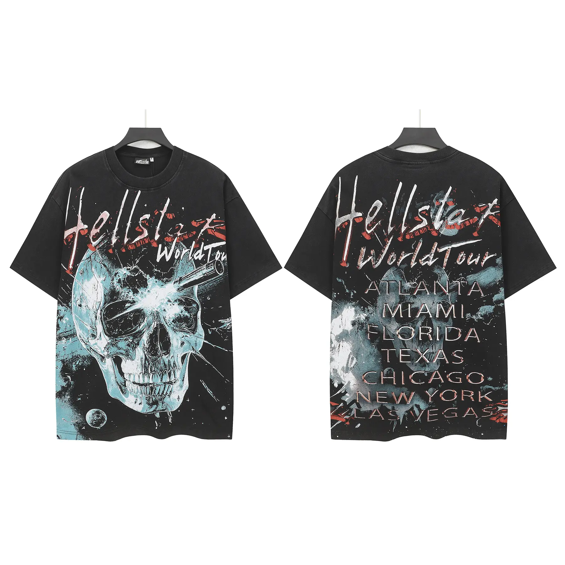 2026 HELLSTAR 100% Cotton Certified World Tour Skull Graphic Tee Bullet Pierced Vintage Streetwear Standard Fit T-Shirt