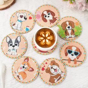 8PCS Wooden Coasters with Stand, DIY Animal Cute Puppy Diamond Painting Set, Art Craft Supplies for Beginners, Home Decor Gifts