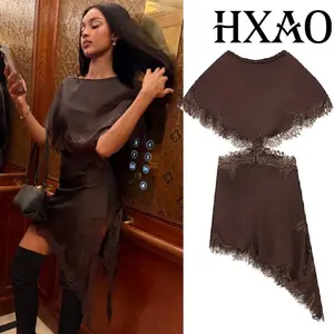 HXAO Lace Women's Dress Sexy Cut Out Brown Dress Woman Asymmetrical Elegant Party Dresses Women Cape Sleeve Midi Black Dress