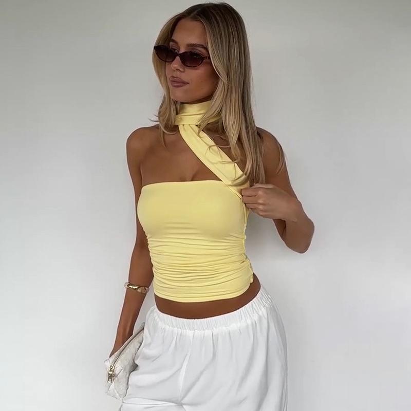 Adjustable Neck Tie Strapless Crop Top with Ruched Side Women's 2025 Fall New Slim Fit Solid Color Essential for Holiday Beach Party & Night Dating Outfits Ladies Casual Sleeveless Short Tank Vest