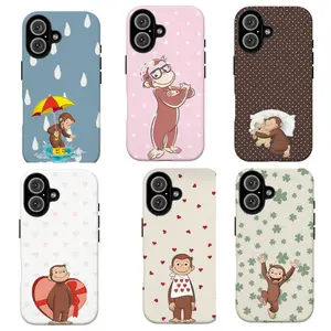 FL-Curious Georgeee Heart Polka Dot Phone Case, Cute Cartoon Monkey Phone Case, Cute Pastel Girly Kawaii Shockproof Cover For iPhone 11 12 13 14 15 16 17 Air Pro Max for Samsung S26 S25 S24 S23 S22 S21 Case,Gift for her/him,Cute Monkey Cartoon Phone Case