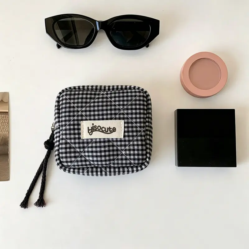 Blocked Plaid Mini Square Bag, Plaid Pattern Portable Makeup Bag, 1Count Multi-functional Cosmetic Storage Bag with Handle, Zipper Makeup Organizer Pouchfor Home & Travel