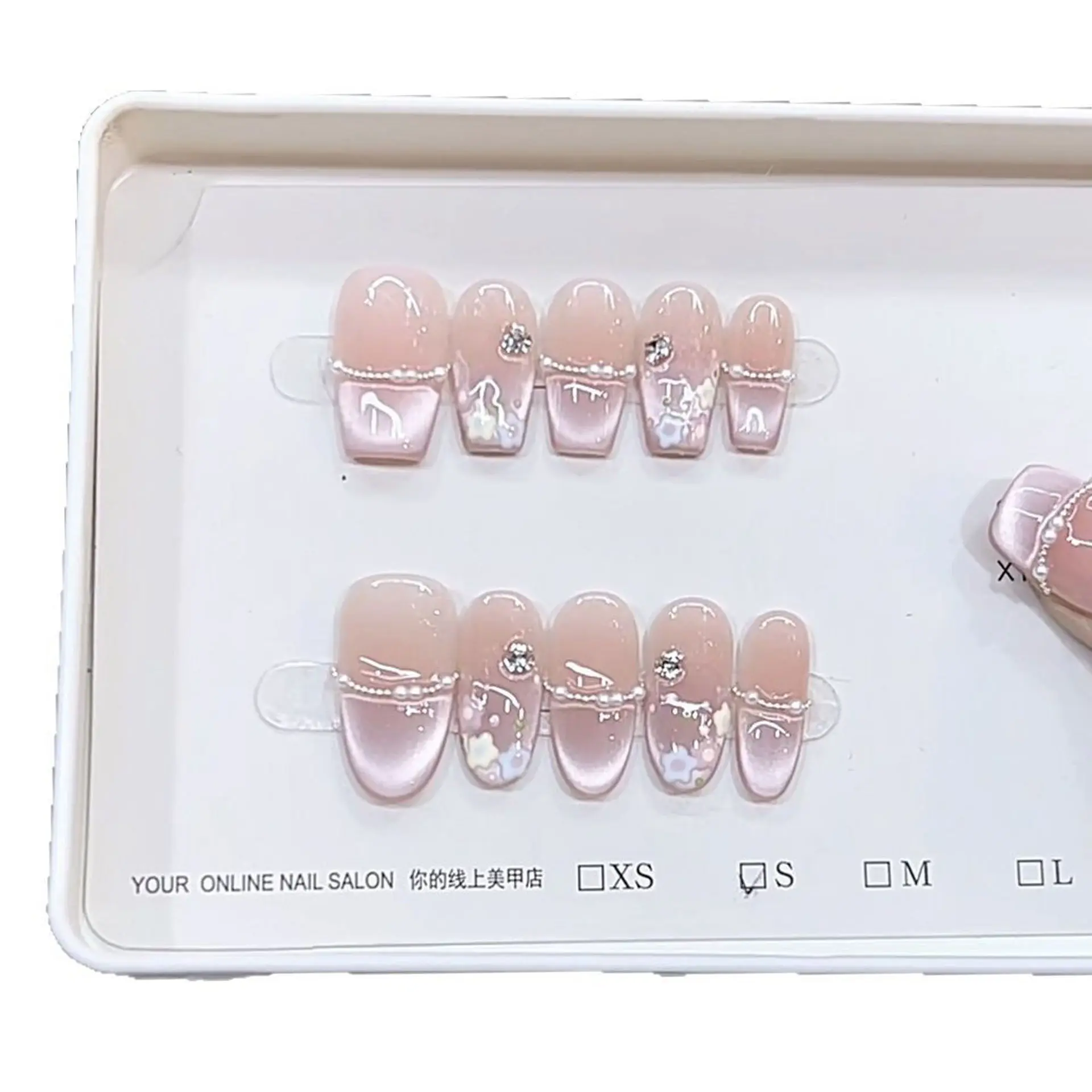 Reusable Acrylic Press-On Nails Kit - Hand-Painted Pink Gradient Halo Design, Pearl & Zircon Accents, XS-L Sizes, Acrylic Nail Kit