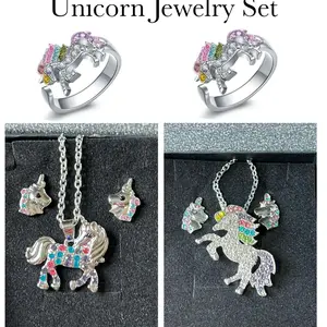 Unicorn Jewelry Set Necklace Earrings and Adjustable Ring