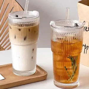 20oz Vertical Stripes Glass Coffee Cups with Lid & Straw Set of 4 Premium Thickened Glass for Iced Coffees Cocktails Juices Family Use & Parties Leak Proof Tumblers Drinkware Stylish