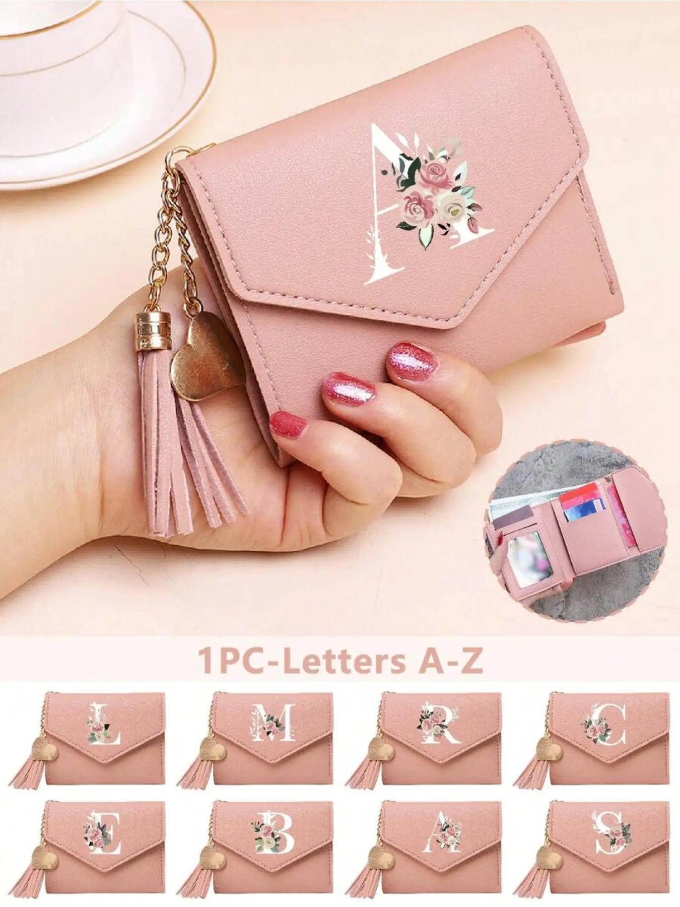 A-Z Floral Pattern Folding Short Wallet, Flower Pattern Wallet, PU Leather Wallet, Multifunctional Coin Purse, Women's Card Holder, Mini Tassel Wallet, Waterproof Portable Women's Wallet, Cute Wallet
