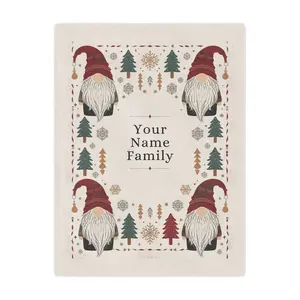 Custom Minky Blanket - Cute Scandinavian Christmas Gnomes , Hygge Aesthetic, Cranberry Red, Nordic Snowflake, Pine Trees, Folk Art