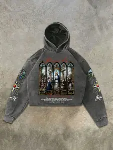 Oversized Graphic Long Sleeve Pullover Hoodie, Cotton Washed Vintage Craftsmanship, Streetwear Casual Style, Fitted Design, Spring & Fall Season