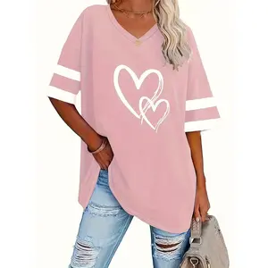 Plus Size Heart Print Contrast Binding V Neck Tee, Casual Loose Drop Shoulder Half Sleeve T-shirt for Summer, Women's Plus Size Clothing for Daily WearRAIMENTRY