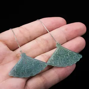 Natural Jade A Grade Pendant Fan Blue Water Earrings Women's Jewelry Four-Season Jewelry Jade