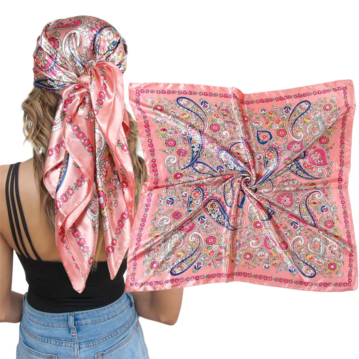 Women's Printed Scarf, Soft 35" Large Square Polyester Satin Head Wrap, All Season Accessory for Hair, Neck, and Bags, Fashion Apparel, Women's Fashion, Multiple Uses, Engagement, Anniversary