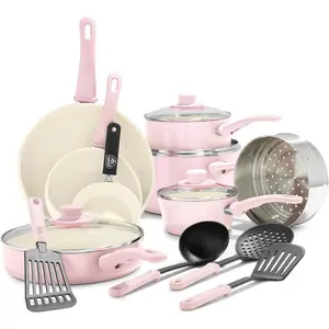 16 Piece Nonstick Cookware Set, Soft Grip PFAS-Free Ceramic Pots & Pans, Dishwasher & Oven Safe, Frying, Sauce, Saute, Utensils, Glass Lids, Stay-Cool Handles, Wobble Free, Pink