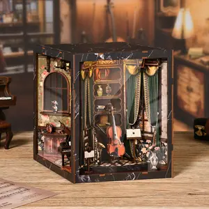 European Vintage Music Box Scene DIY Book Nook Kit, 3D Wooden Puzzle with LED Warm Light & Acrylic Dust Cover, Miniature Dollhouse Shelf Decor, Creative Gift for Adults Beginner-friendly Tiny house, Miniature Furniture