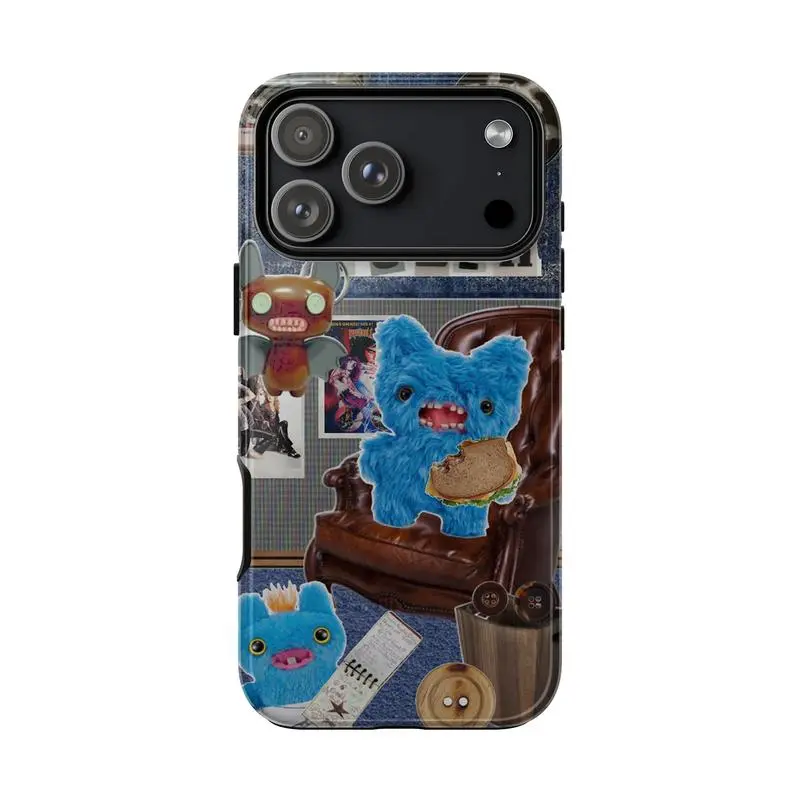 Fuggler Monster Lounge Smartphone Case - Blue Plush Sandwich Armchair Bat Creature, Mohawk Denim Notebook Queen New Moon Collage, Quirky Toybox Vibes Gift, Rubber Silicone Handheld Shell Accessories for iPhone 11-17 Pro Max/Plus & Samsung Galaxy S23-25