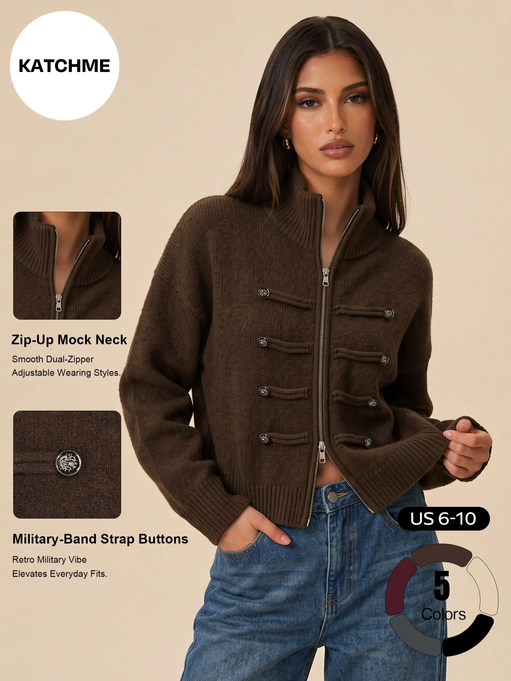 Katch Me Chic Women's Napoleon Military Band Style Double Zipper Cropped Knit Cardigan, Slouchy Mock Neck Metal Button Decor Sweater Jacket, Cozy Warm Pill-Resistant Long Sleeve Outerwear for Fall & Winter #TikTokMadeMeBuyIt #SohoChic