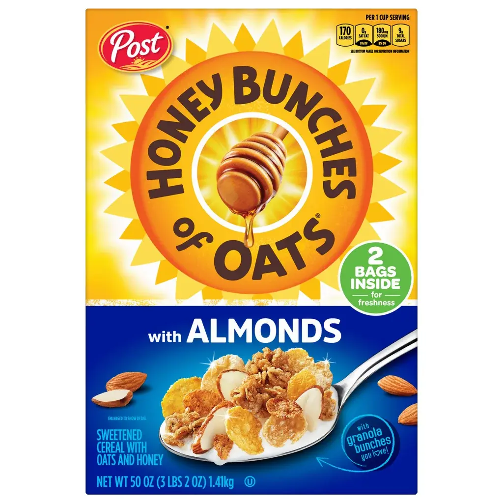 Honey-Almond Honey Bunches of Oats Breakfast Cereal - 50oz Bag, Crunchy Flakes, Granola Clusters, Ideal for Pairing with Milk, Set